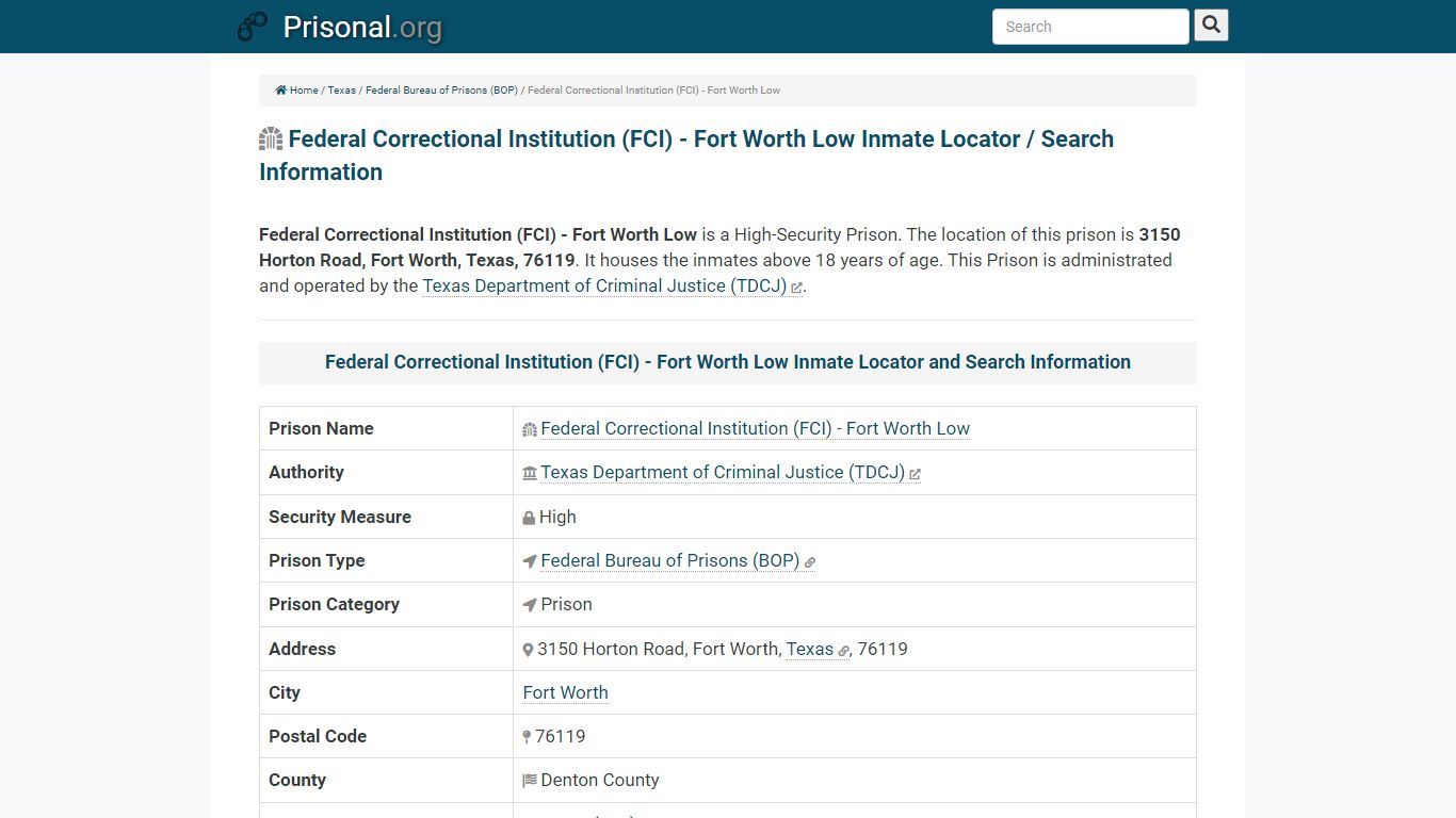 Federal Correctional Institution (FCI) - Fort Worth Low ...